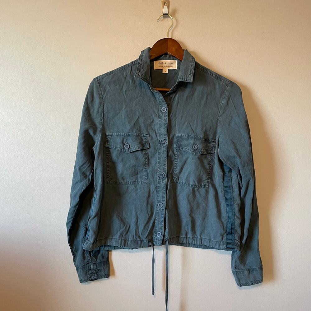 Cloth & Stone Slate Blue Button Down Crop Utility Shirt Drawstring Waist sz S